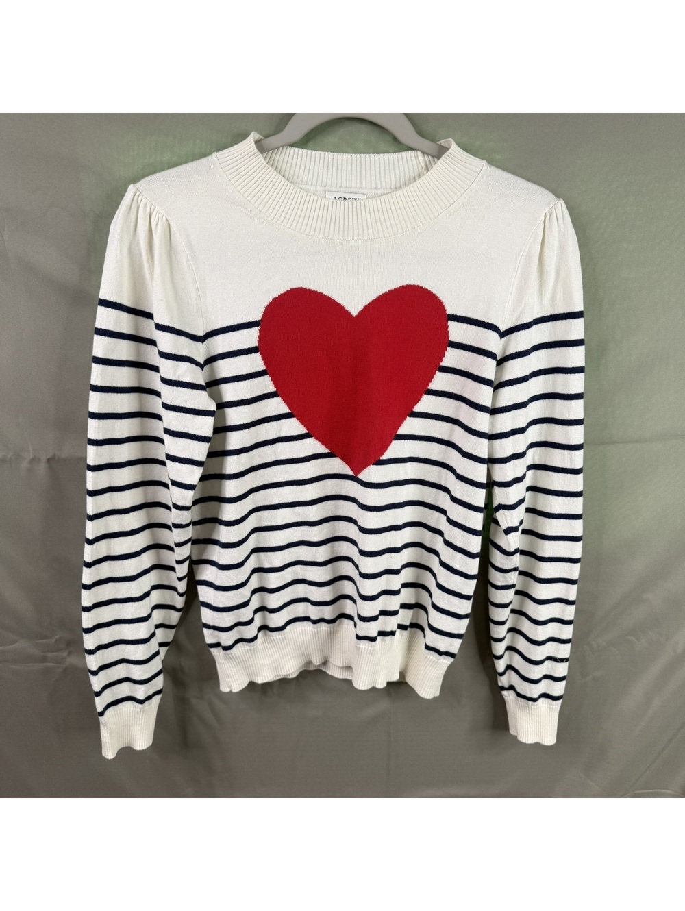J.Crew Womens S Navy Stripe Red Heart Knit Sweater